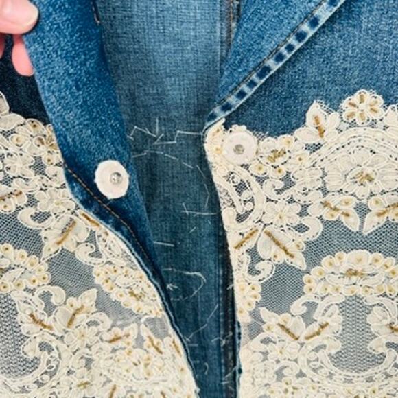Vintage Berek 2 Takako Sakon Jean Jacket Womens Small Blue Lace Bead Trim Cotton - Picture 6 of 11